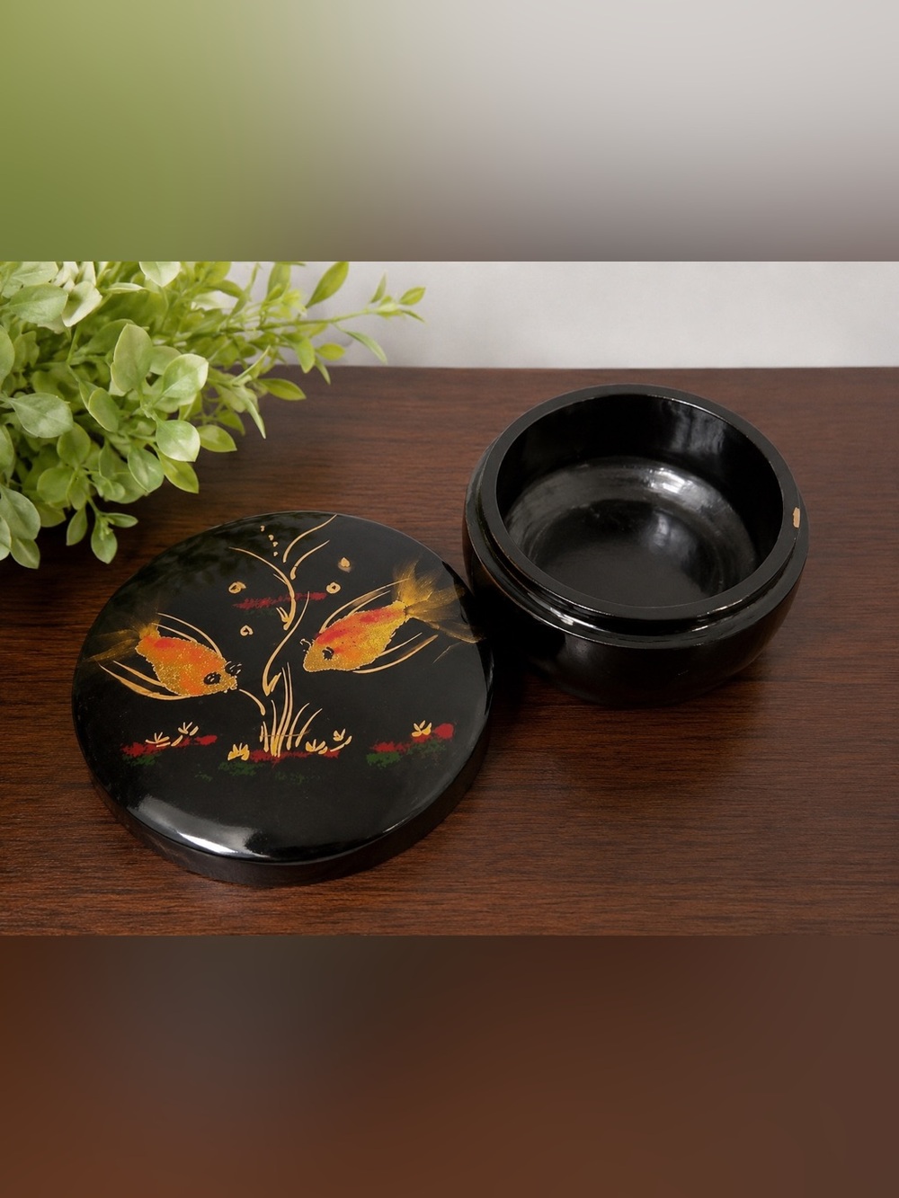 Vintage Black Lacquer Box with Goldfish Design | Hand-Painted Asian Jewelry Box